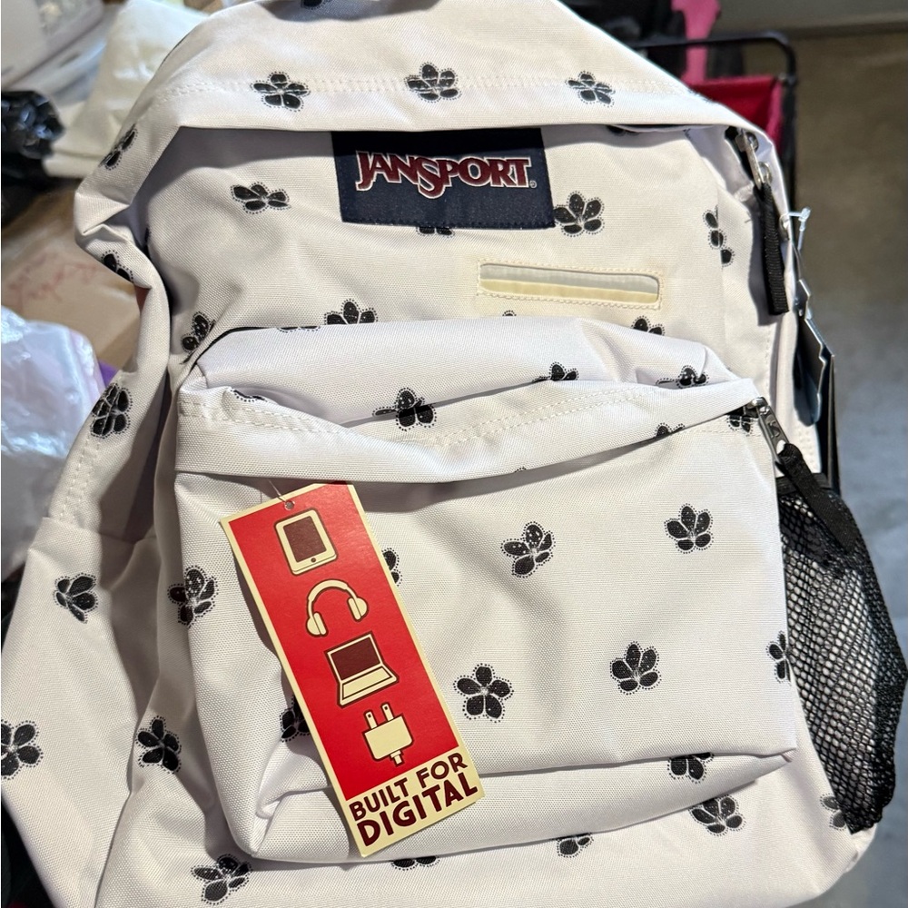 Jansport White Backpack with Black Floral Paw-Print